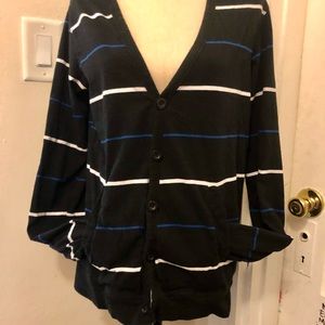 MENS BLACK STRIPED SWEATER WITH POCKETS & BUTTON DOWN